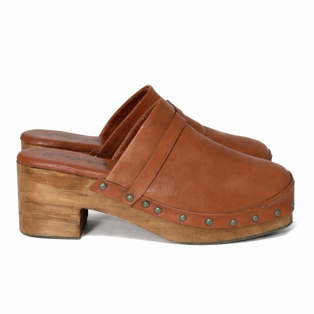 FREE PEOPLE Calabasas Tan Leather Wood Heel Platform Mule Clogs EU 40